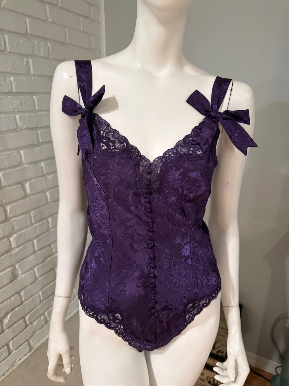 Vintage Victoria’s Secret Gold Label Purple Satin Jacquard Lace Teddy Bodysuit